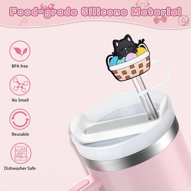 yomanta 6PCS Straw Covers for Stanley Cup Tumbler 30 oz / 40 oz Leak Proof Straw Toppers 10mm Silicone Cute Caps for Stanley Cup Accessories-Cute Cat - Image 4